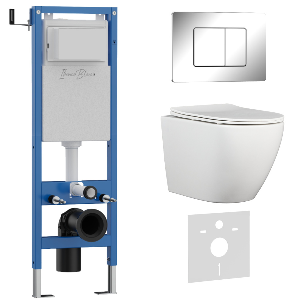 Комплект 3в1 IBERICA BLANCA инсталляция SILENCIO MINI, унитаз BILBAO ALTO белый, кнопка смыва INOX-C хром глянцевый (IB.001M.BLA.234.1131)