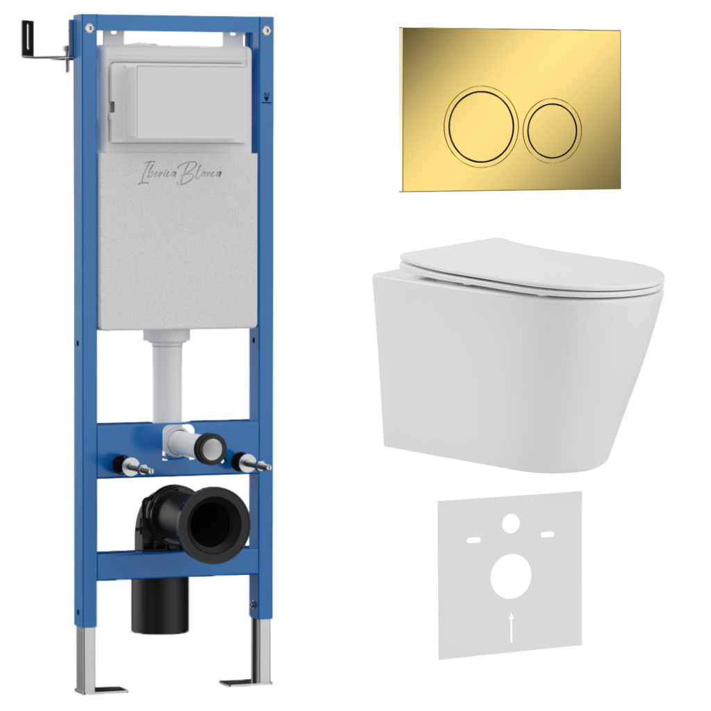 Комплект 3в1 IBERICA BLANCA инсталляция SILENCIO MINI, унитаз BURGOS ALTO белый, кнопка смыва ESTI-O золото глянцевое (IB.001M.BRA.234.826)