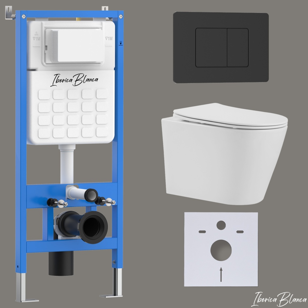 Комплект 3в1 IBERICA BLANCA инсталляция SILENCIO, унитаз BURGOS ALTO белый, кнопка смыва INOX-C черный матовый (IB001.BRA.234.112)