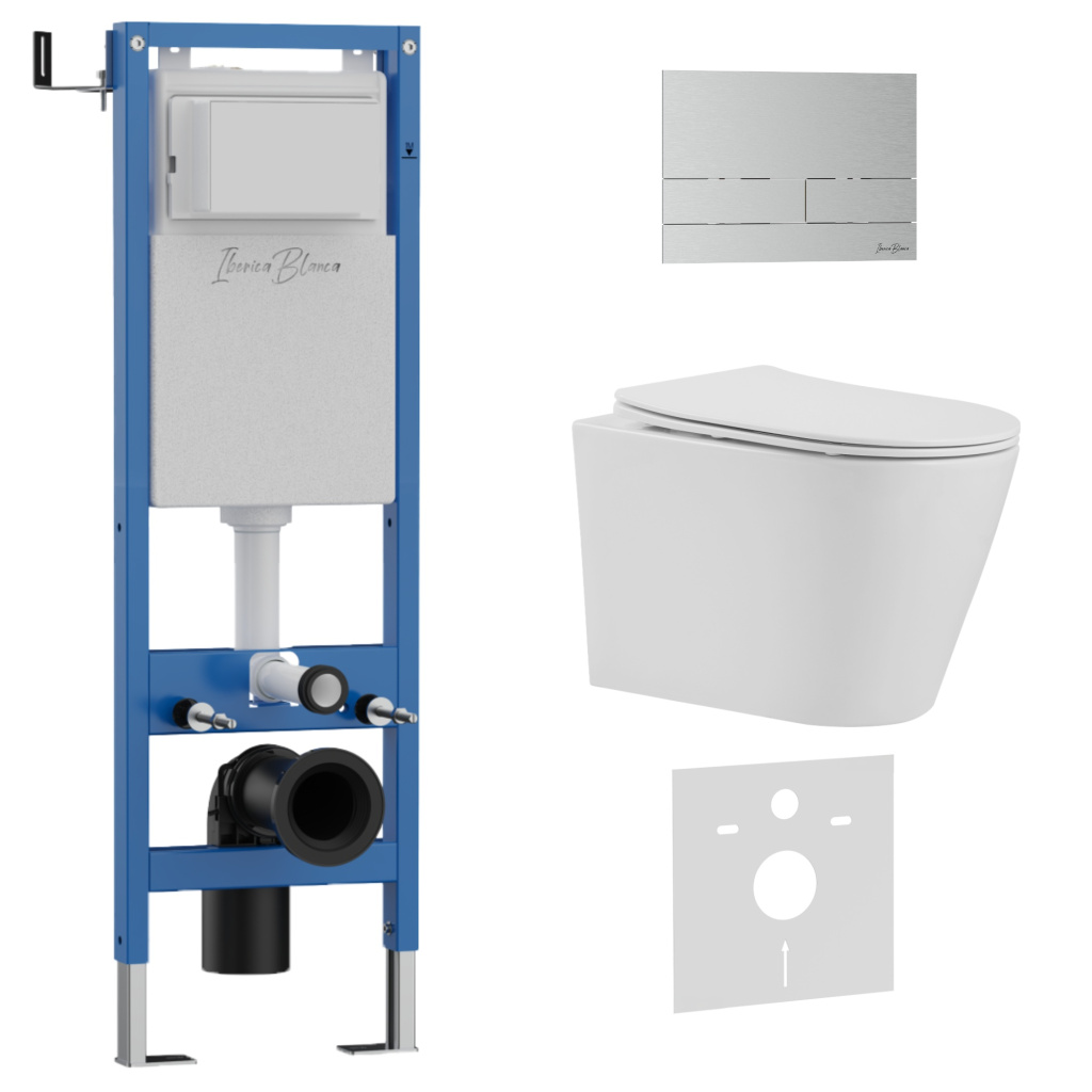 Комплект 3в1 IBERICA BLANCA инсталляция SILENCIO MINI, унитаз BURGOS ALTO белый, кнопка смыва INOX-S хром матовый (IB.001M.BRA.234.1601)