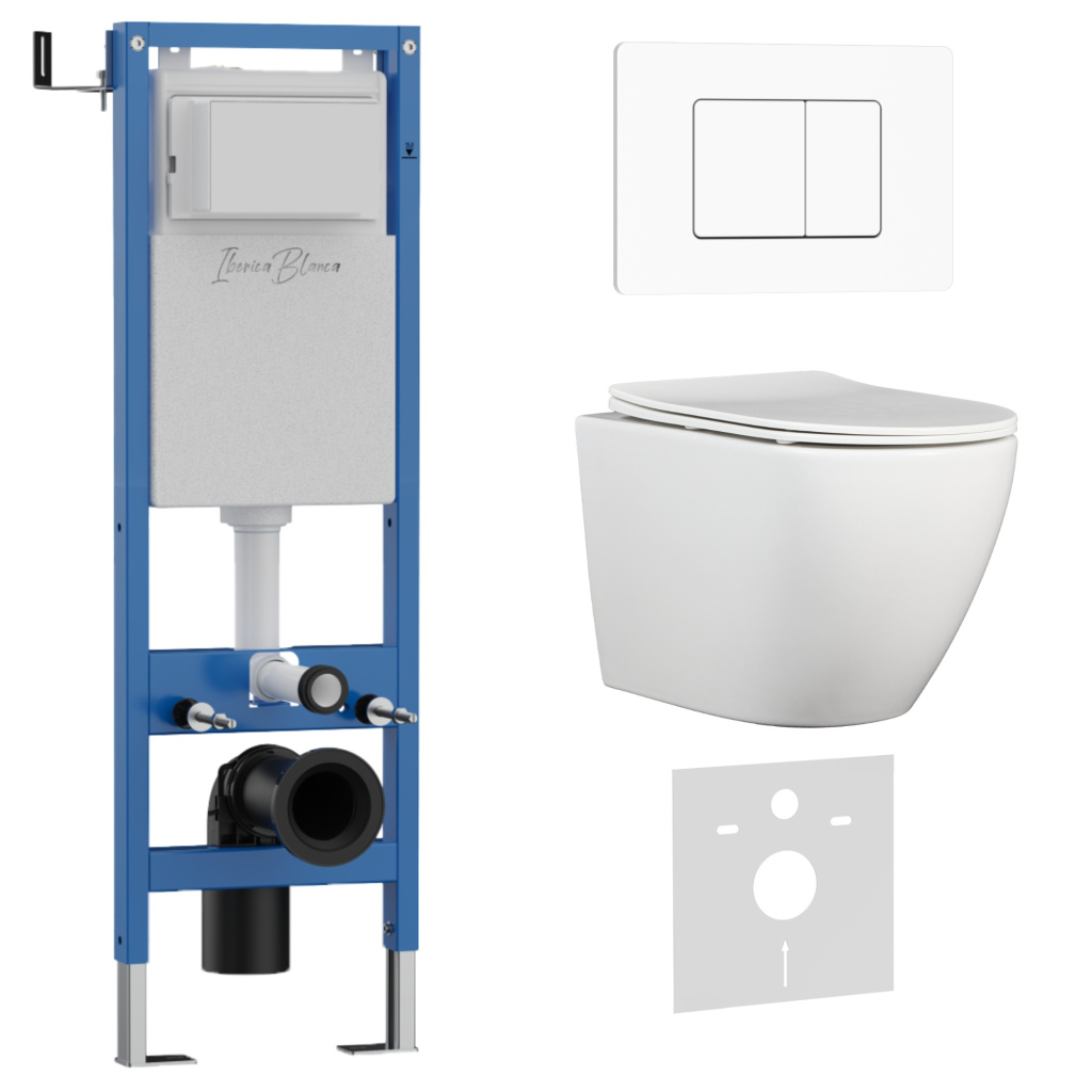 Комплект 3в1 IBERICA BLANCA инсталляция SILENCIO MINI, унитаз BILBAO ALTO белый, кнопка смыва INOX-C белый матовый (IB.001M.BLA.234.111)