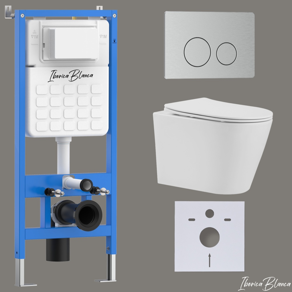 Комплект 3в1 IBERICA BLANCA инсталляция SILENCIO, унитаз BURGOS ALTO белый, кнопка смыва INOX-O хром матовый (IB001.BRA.234.8132)