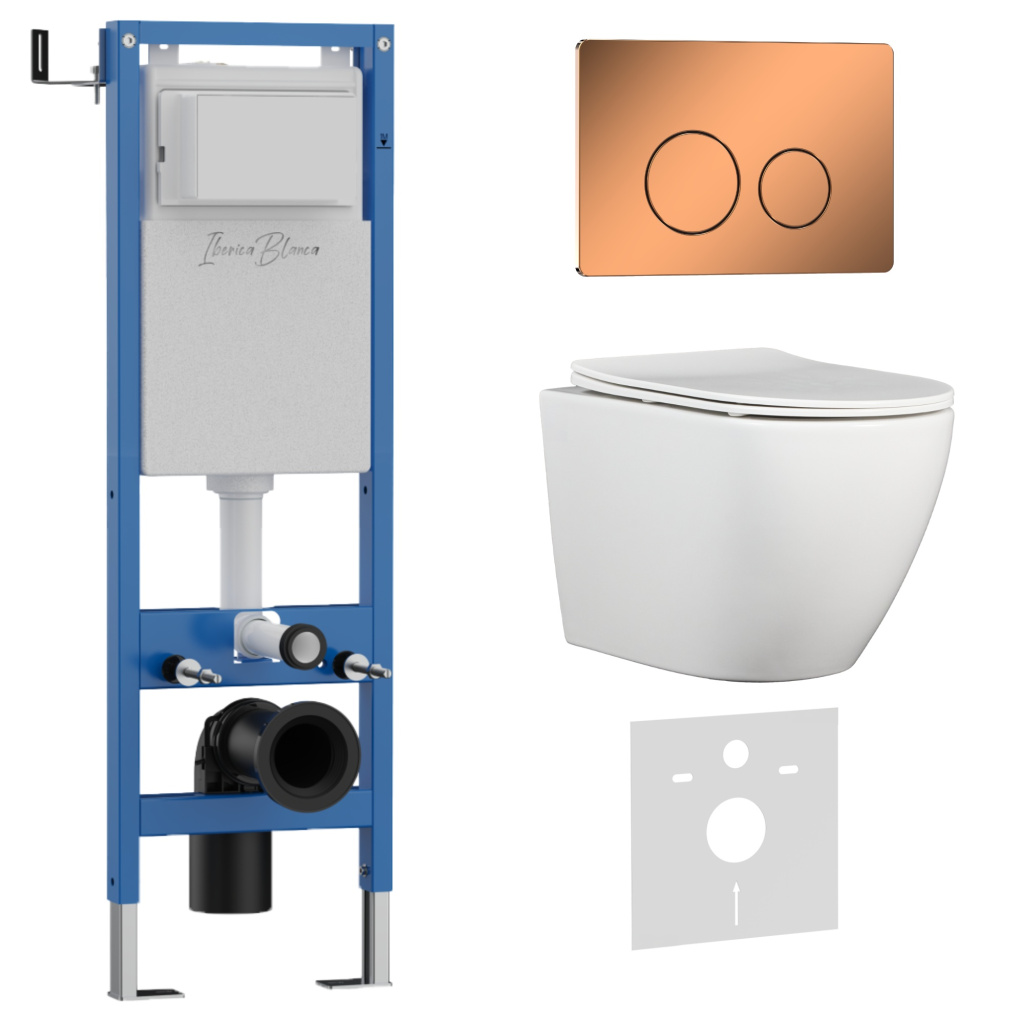 Комплект 3в1 IBERICA BLANCA инсталляция SILENCIO MINI, унитаз BILBAO ALTO белый, кнопка смыва INOX-О розовое золото глянцевое (IB.001M.BLA.234.8171)