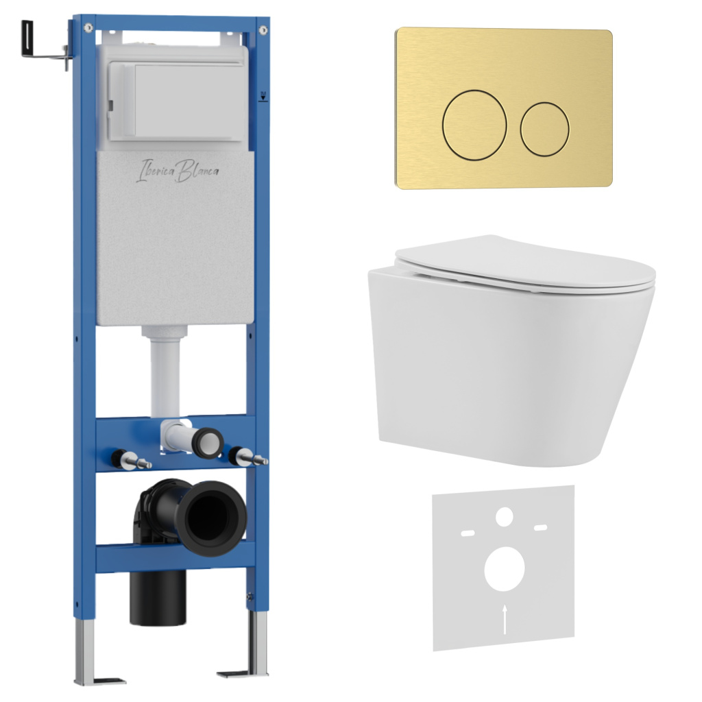 Комплект 3в1 IBERICA BLANCA инсталляция SILENCIO MINI, унитаз BURGOS ALTO белый, кнопка смыва INOX-O золото матовое (IB.001M.BRA.234.815)