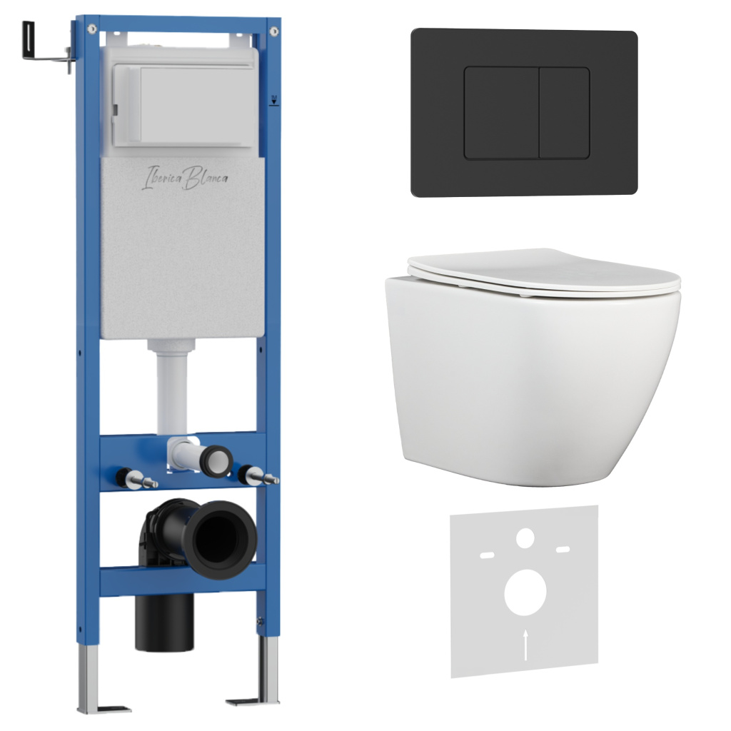 Комплект 3в1 IBERICA BLANCA инсталляция SILENCIO MINI, унитаз BILBAO ALTO белый, кнопка смыва INOX-C черный матовый (IB.001M.BLA.234.112)