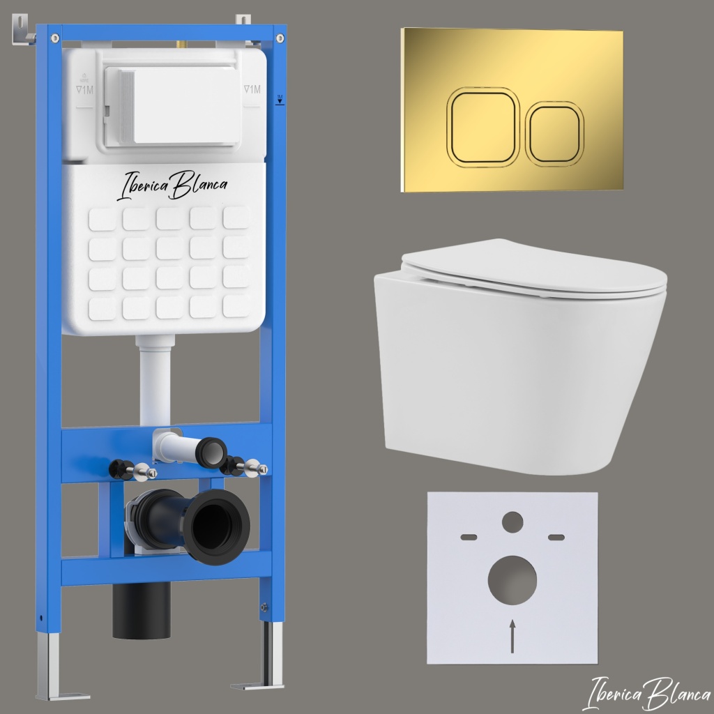 Комплект 3в1 IBERICA BLANCA инсталляция SILENCIO, унитаз BURGOS ALTO белый, кнопка смыва ESTI-Q золото глянцевое (IB001.BRA.234.836)