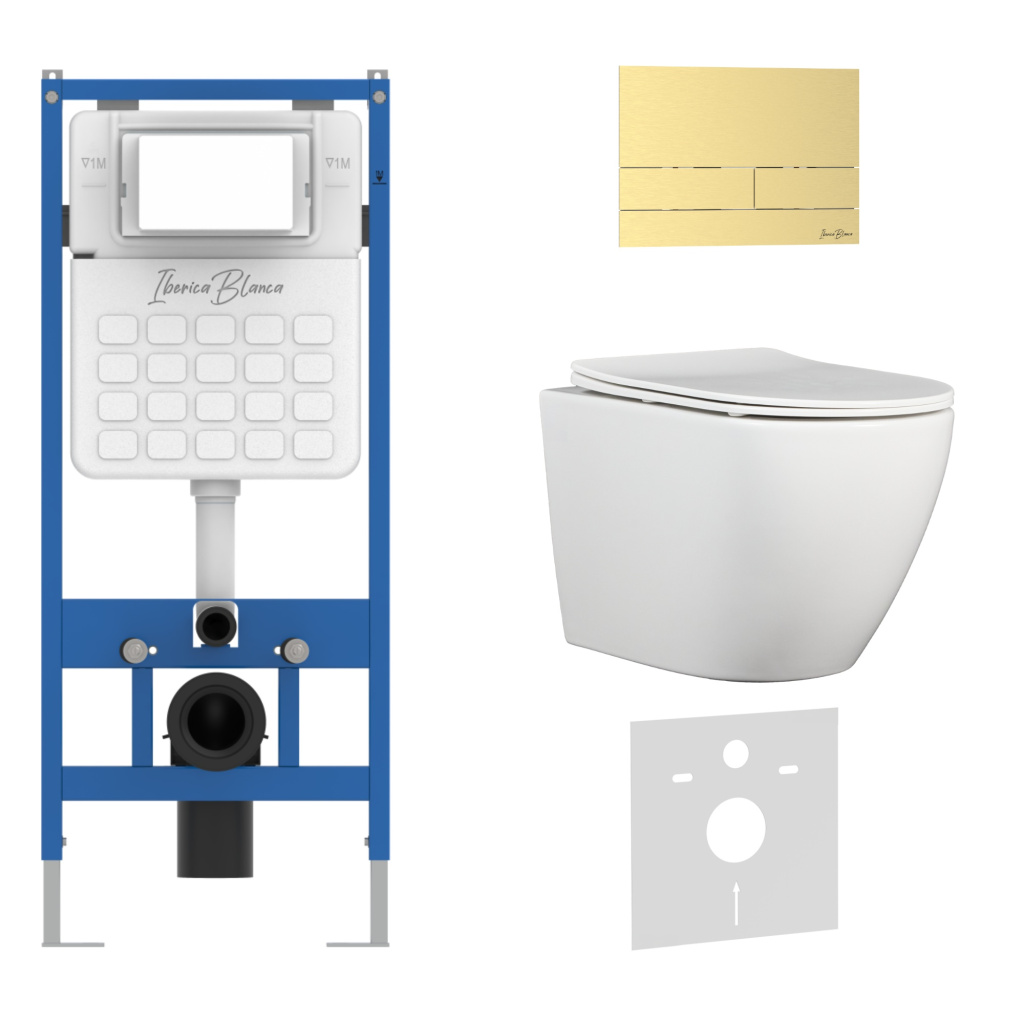 Комплект 3в1 IBERICA BLANCA инсталляция SILENCIO, унитаз BILBAO ALTO белый, кнопка смыва INOX-S золото матовое (IB001.BLA.234.1603)