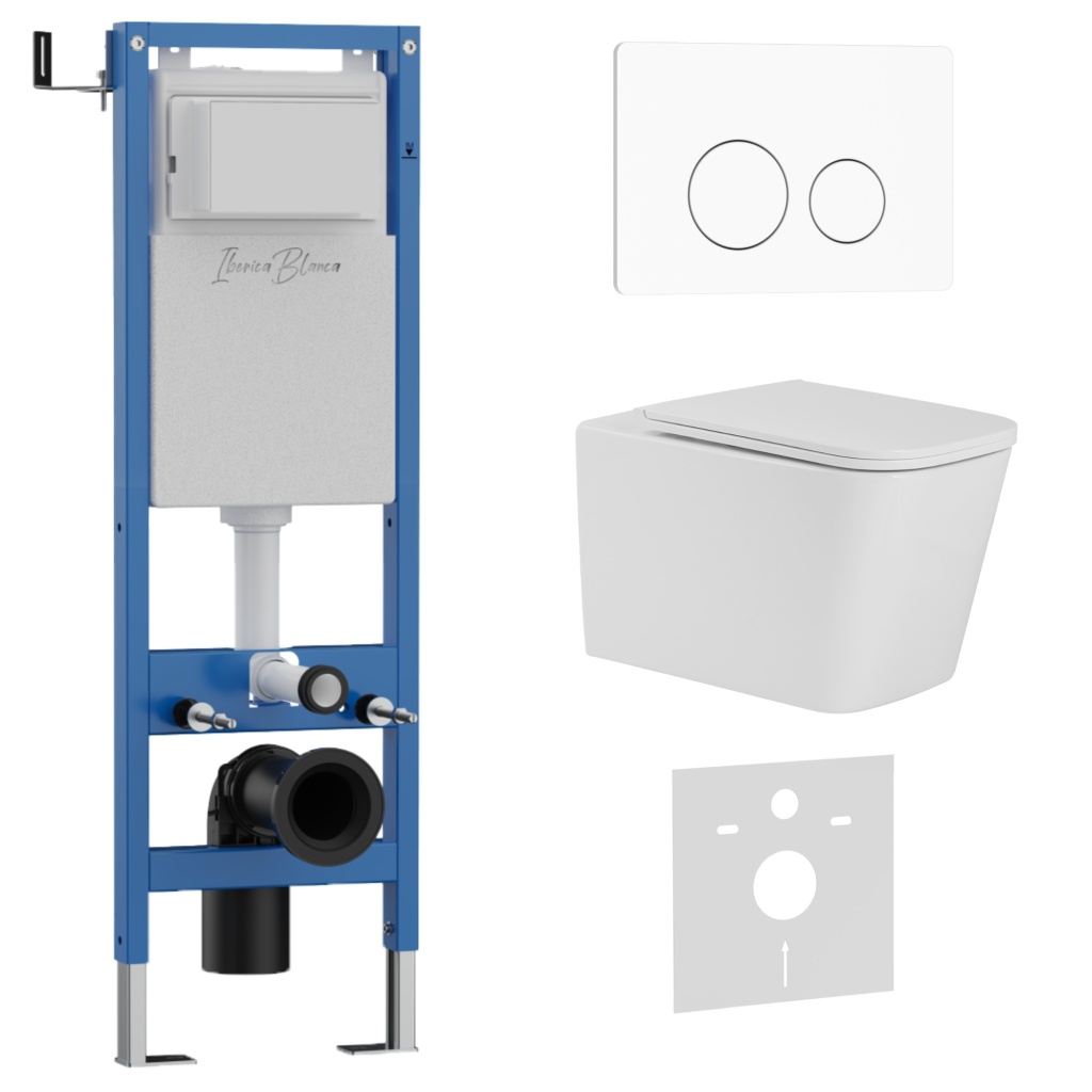 Комплект 3в1 IBERICA BLANCA инсталляция SILENCIO MINI, унитаз TOLEDO ALTO белый, кнопка смыва INOX-O белый матовый (IB.001M.TLA.234.811)