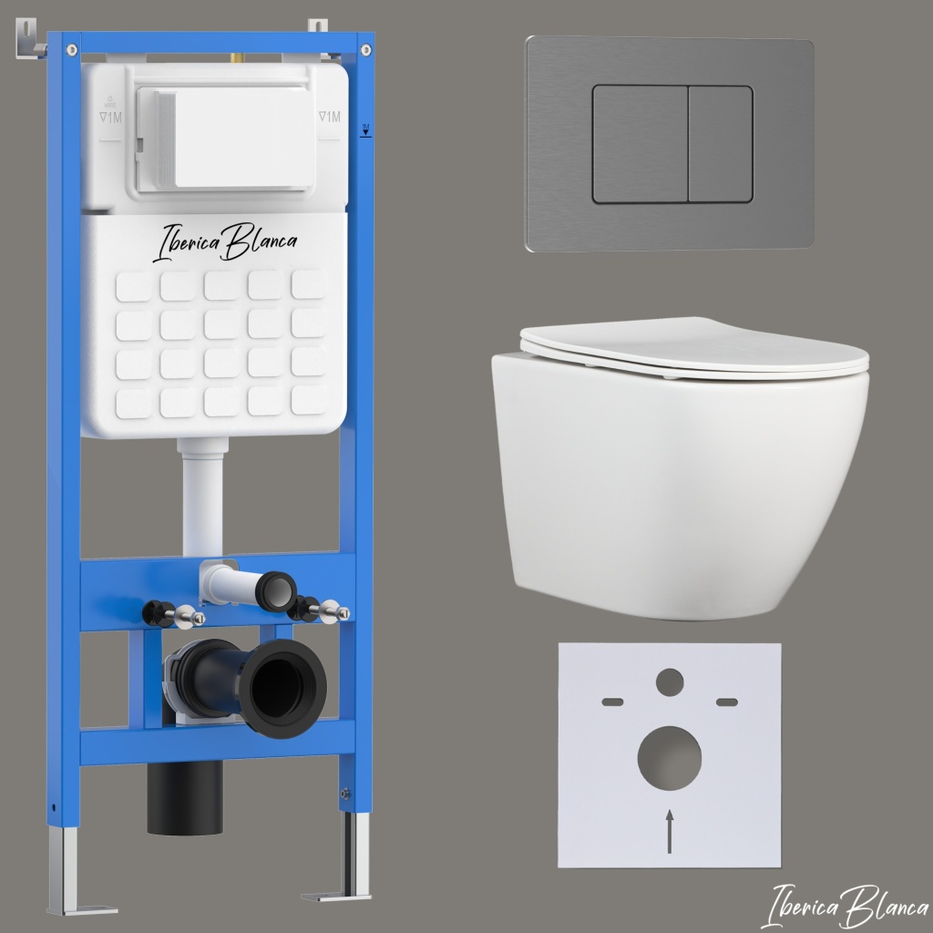 Комплект 3в1 IBERICA BLANCA инсталляция SILENCIO, унитаз BILBAO ALTO белый, кнопка смыва INOX-C вороненая сталь (IB001.BLA.234.1180)