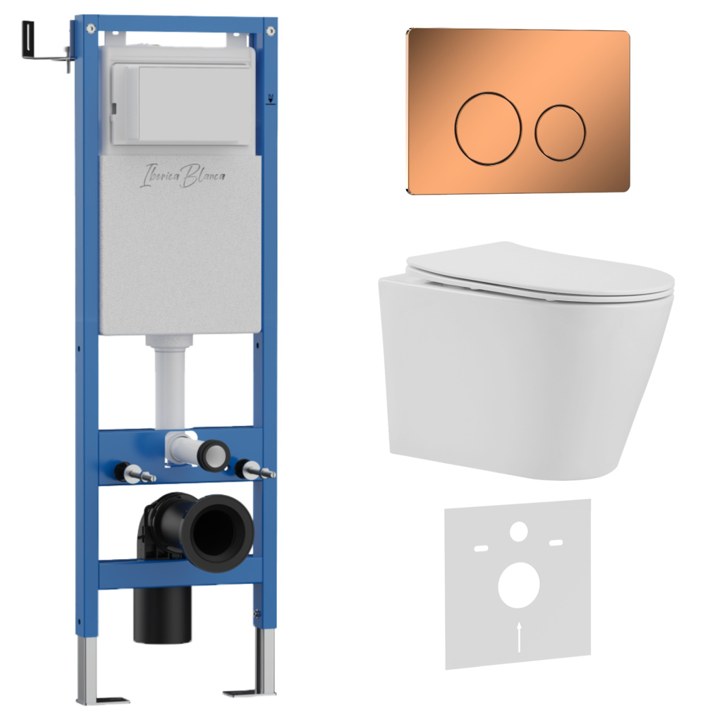 Комплект 3в1 IBERICA BLANCA инсталляция SILENCIO MINI, унитаз BURGOS ALTO белый, кнопка смыва INOX-О розовое золото глянцевое (IB.001M.BRA.234.8171)