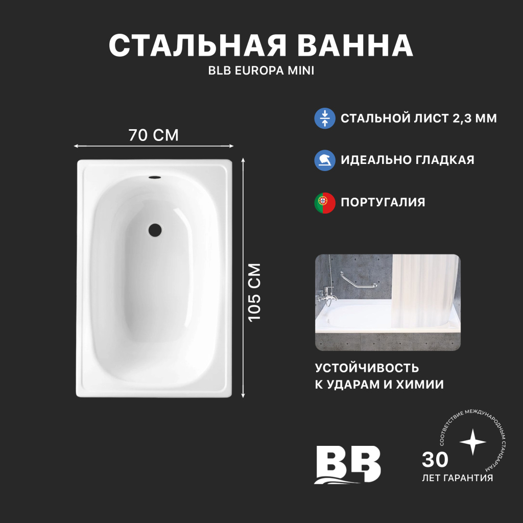 Ванна стальная BLB EUROPA MINI B15E/T прикручивающиеся ножки 1050х700 мм (B15E22001)