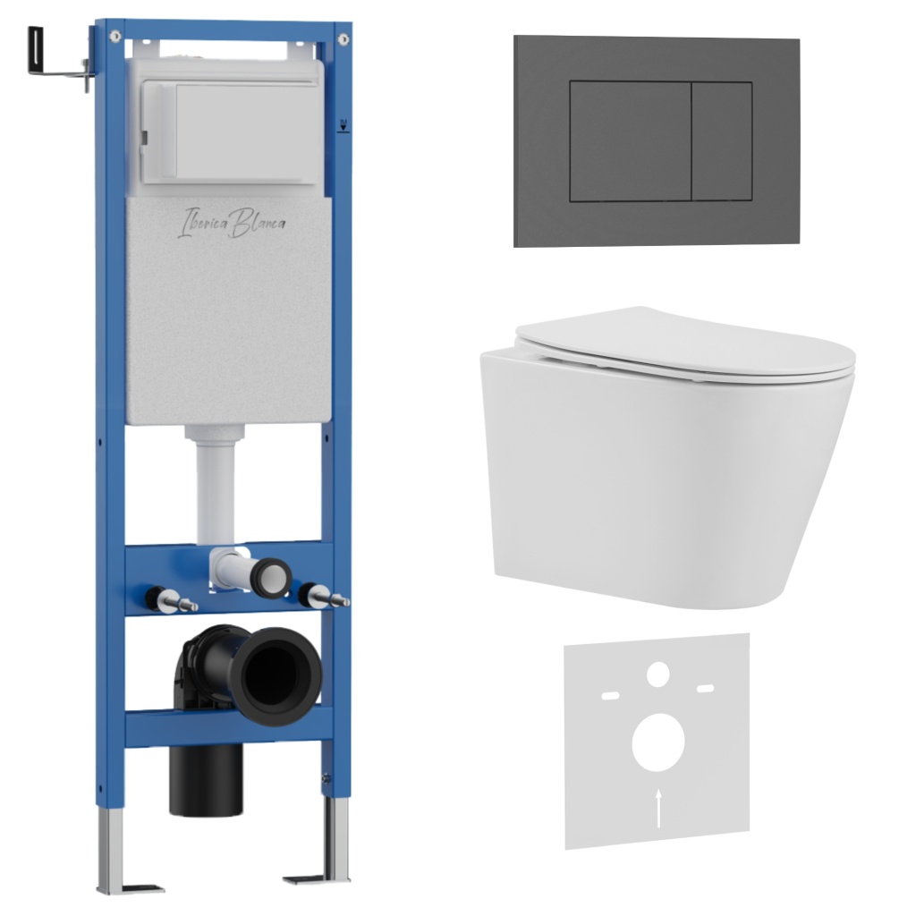 Комплект 3в1 IBERICA BLANCA инсталляция SILENCIO MINI, унитаз BURGOS ALTO белый, кнопка смыва ESTI-S серый матовый (IB.001M.BRA.234.856)