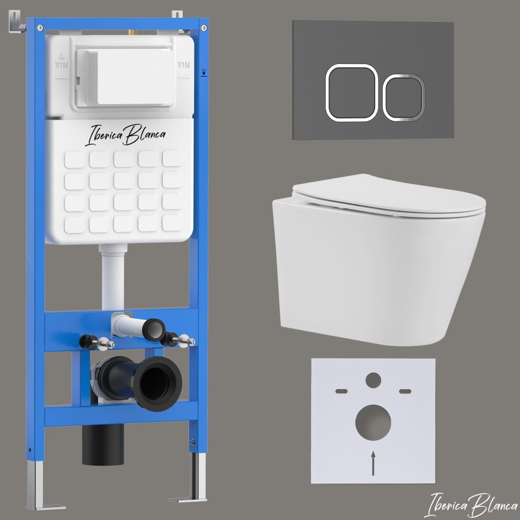 Комплект 3в1 IBERICA BLANCA инсталляция SILENCIO, унитаз BURGOS ALTO белый, кнопка смыва ESTI-Q серый матовый (IB001.BRA.234.837)
