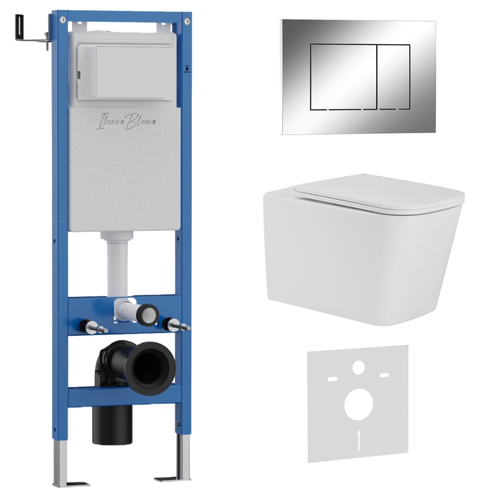 Комплект 3в1 IBERICA BLANCA инсталляция SILENCIO MINI, унитаз TOLEDO ALTO белый, кнопка смыва ESTI-S хром глянцевый (IB.001M.TLA.234.852)