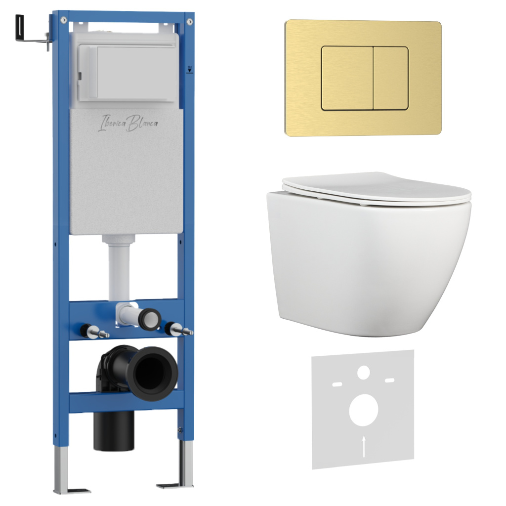 Комплект 3в1 IBERICA BLANCA инсталляция SILENCIO MINI, унитаз BILBAO ALTO белый, кнопка смыва INOX-C золото матовое (IB.001M.BLA.234.1150)