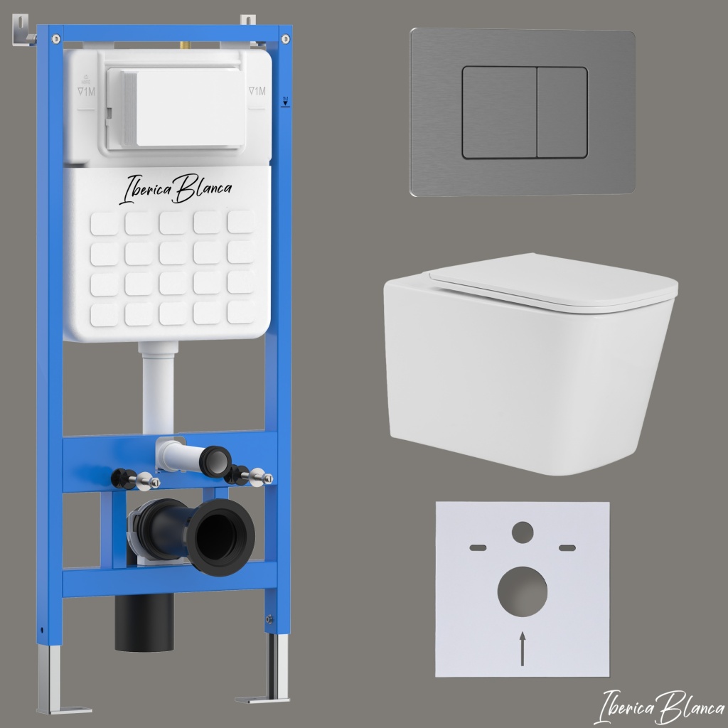 Комплект 3в1 IBERICA BLANCA инсталляция SILENCIO, унитаз TOLEDO ALTO белый, кнопка смыва INOX-C вороненая сталь (IB001.TLA.234.1180)