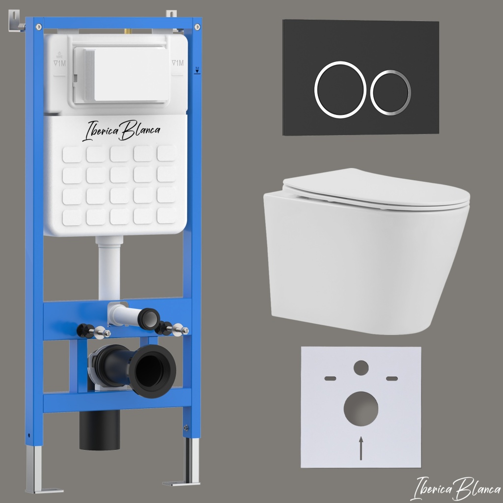 Комплект 3в1 IBERICA BLANCA инсталляция SILENCIO, унитаз BURGOS ALTO белый, кнопка смыва ESTI-O черный матовый (IB001.BRA.234.822)
