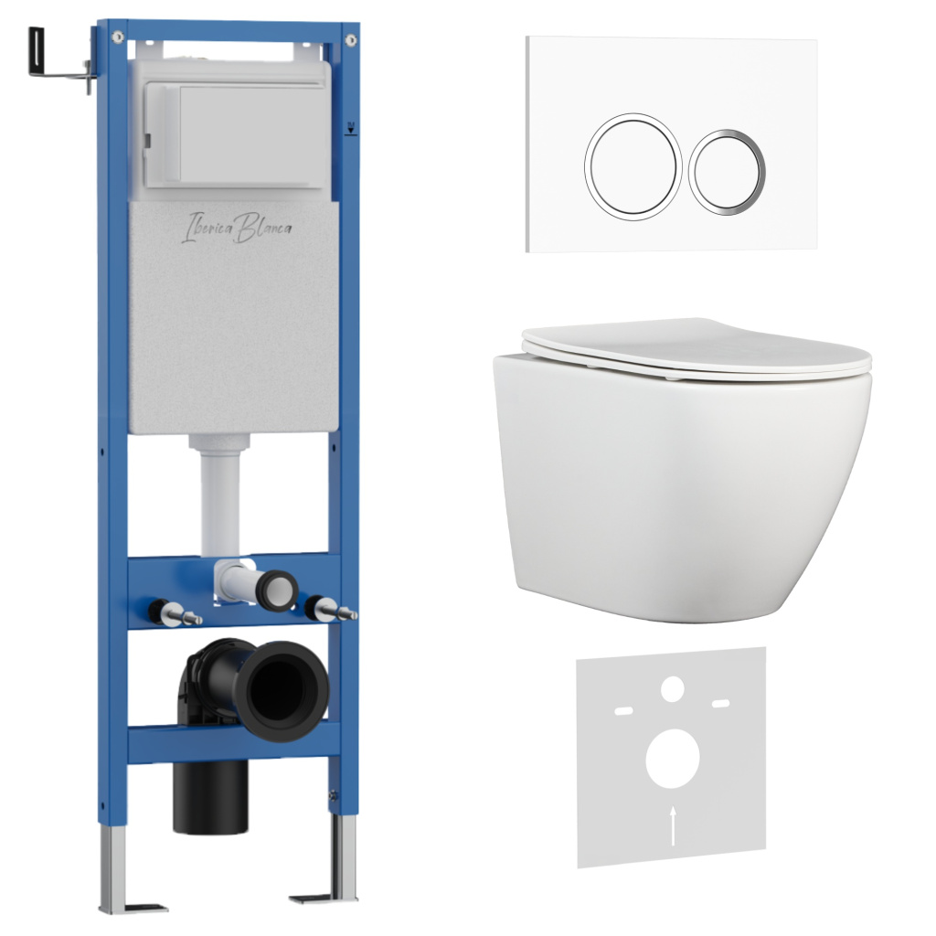 Комплект 3в1 IBERICA BLANCA инсталляция SILENCIO MINI, унитаз BILBAO ALTO белый, кнопка смыва ESTI-O белый глянцевый (IB.001M.BLA.234.821)