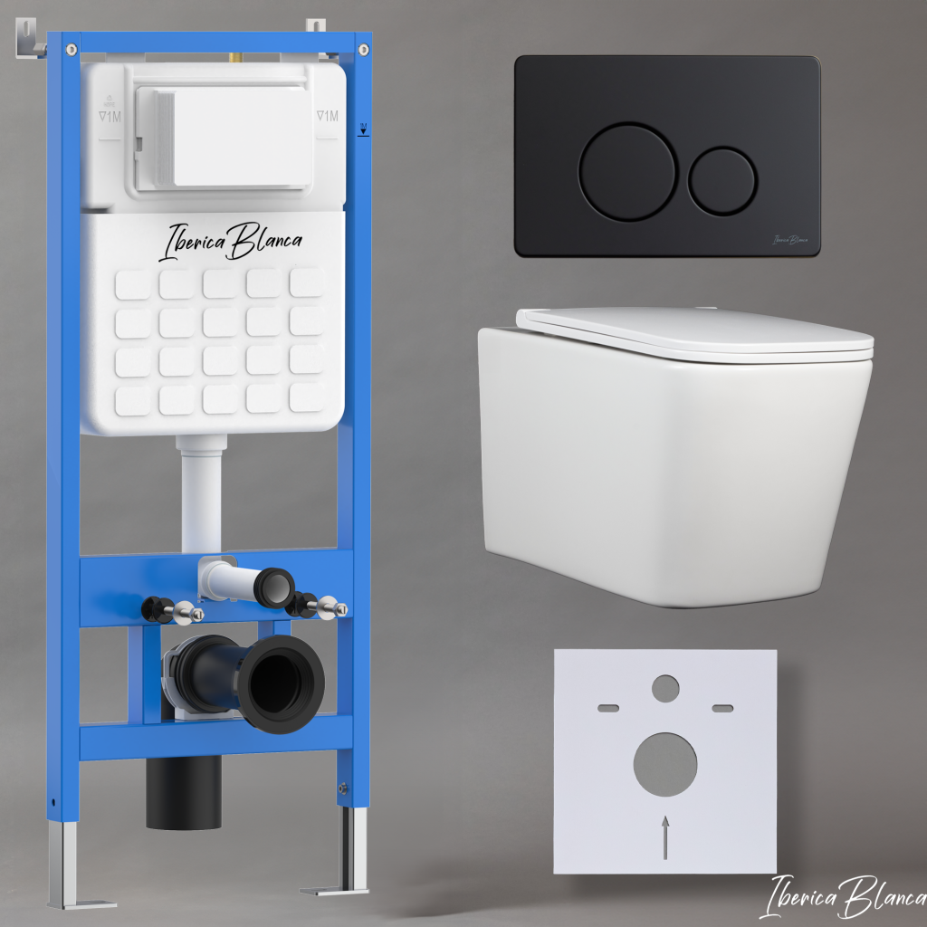 Комплект 3в1 IBERICA BLANCA инсталляция SILENCIO, унитаз TOLEDO ALTO белый, кнопка смыва INOX-O черный матовый (IB001.TLA.234.812)